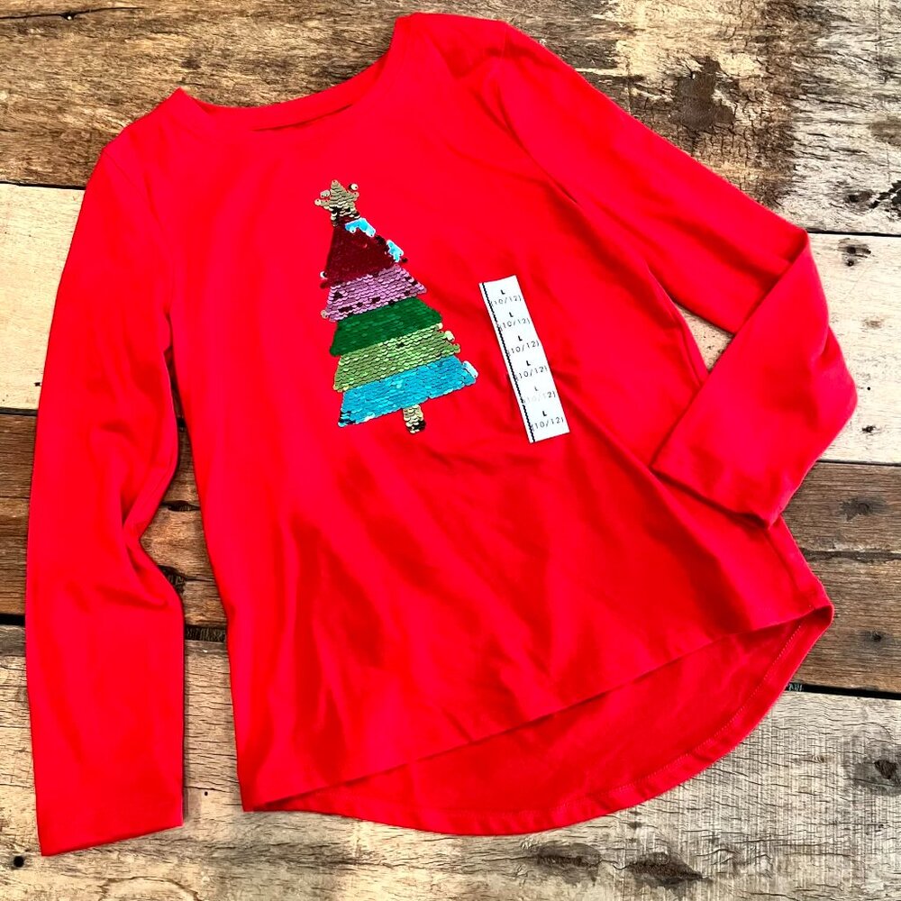 NEW! Cat & Jack Red Sequin Christmas Tree Long Sleeve Tee L